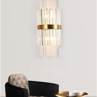 Aplică Aurie cu Cristale – 2 Fasunguri E14, Design Elegant din Metal și Cristal, 36×20×10 cm