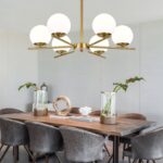 Lustră cu 6 Abajururi – E27, Design Modern Auriu, Metal & Sticlă, 80×80×40 cm