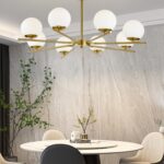 Lustră cu 8 Abajururi – E27, Design Modern Auriu, Metal & Sticlă, 80×80×40 cm