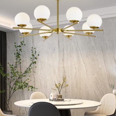 Lustră cu 8 Abajururi – E27, Design Modern Auriu, Metal & Sticlă, 80×80×40 cm
