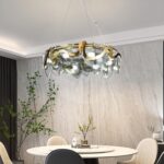 Lustră Suspendată din Sticlă – 10 Brațe, Fasung E14, Design Auriu Elegant, Ø75 cm, Înălțime Reglabilă