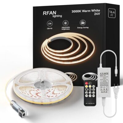 Kit Bandă LED COB cu Telecomandă – 5 m, Lumină Caldă 3000 K, 14 W/m, 24 V, Transformator 72 W 💡