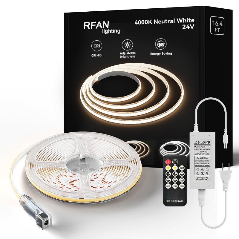 4000K Kit Bandă LED COB – 5 m, Lumină Neutră 4000 K, 14 W/m, 24 V cu Telecomandă și Transformator 72 W - imagine 1