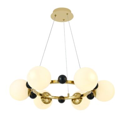 Lustră Suspendată cu 6 Abajururi – Design Auriu/Negru, Ø60 cm, Fasung E27, Înălțime Reglabilă