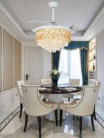 Candelabru cu Ventilator și Telecomandă – 72W LED, 3 Tipuri de Lumină, Intensitate Reglabilă, 6 Viteze, Alb/Auriu