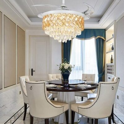 Candelabru cu Ventilator și Telecomandă – 72W LED, 3 Tipuri de Lumină, Intensitate Reglabilă, 6 Viteze, Alb/Auriu