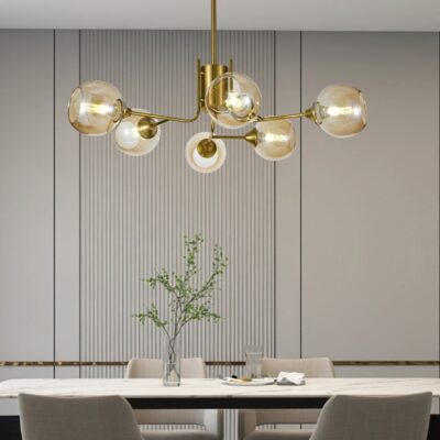 Lustra model N6802-6 – 6 x E27, abajururi elegante, finisaj auriu