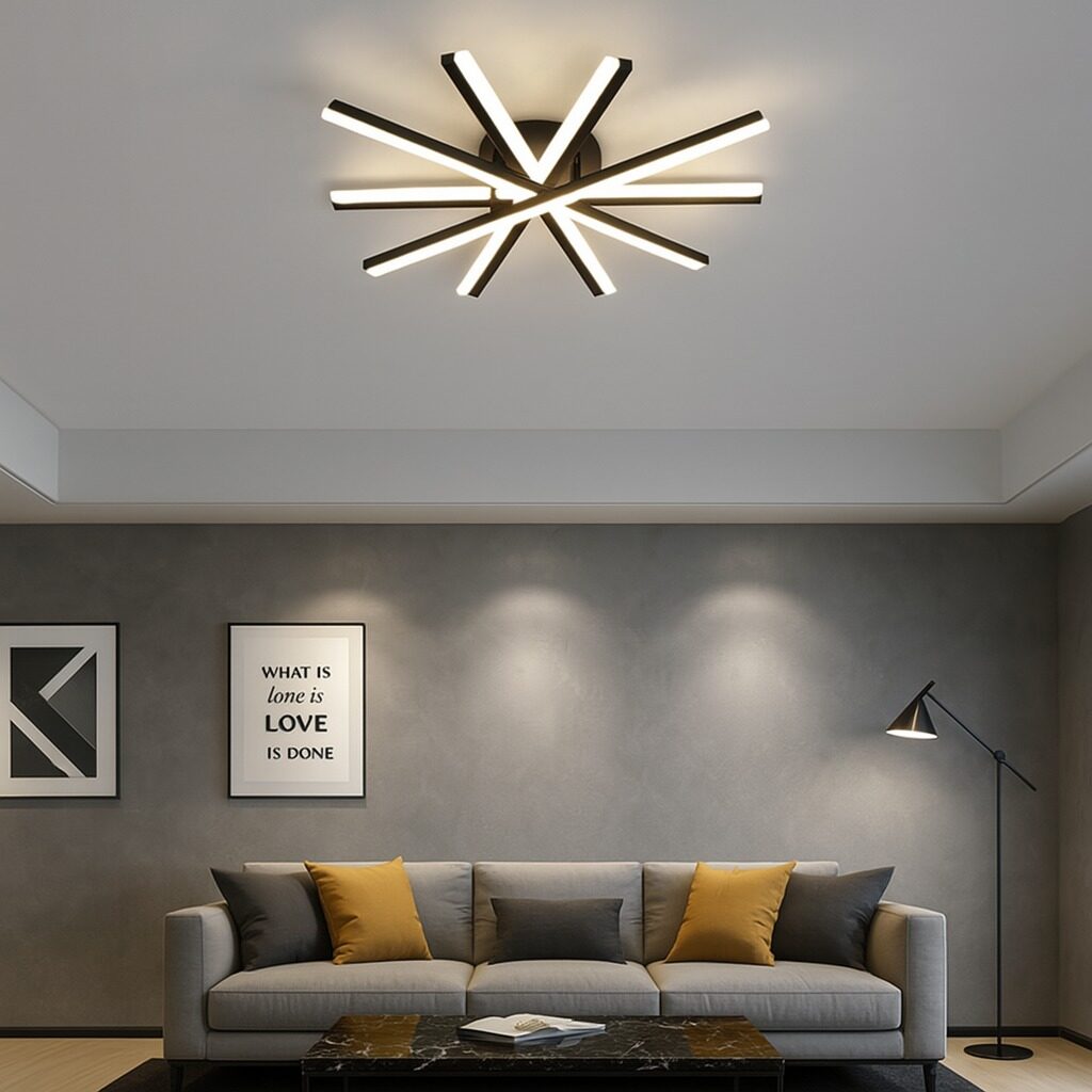 Lustra_LED_RFAN_Model_JX630116-5 (1) Lustră LED cu Telecomandă – 95W, 5 Surse de Iluminare, Intensitate Reglabilă, 3 Tipuri de Lumină, Design Negru, 80x68 cm - imagine 1