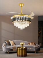 Candelabru cu Ventilator și Telecomandă – 72W, LED Dimmabil, 3 Tipuri de Lumină, 6 Trepte de Viteză, Design Negru/Auriu