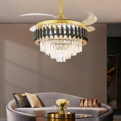 Candelabru cu Ventilator și Telecomandă – 72W, LED Dimmabil, 3 Tipuri de Lumină, 6 Trepte de Viteză, Design Negru/Auriu