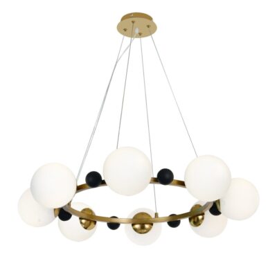 Lustră Suspendată cu 8 Abajururi – Design Auriu/Negru, Ø80 cm, Fasung E27, Înălțime Reglabilă