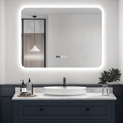 Oglinda Baie LED cu Dezaburire, Ceas si Senzor Touch – 80×60 cm, Rama Acril, Lumina Rece / Calda / Neutra