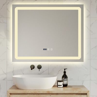 Oglindă LED Baie 80x60 cm cu Touch Premium, Dezaburire, Lumini Variabile, Termometru și Ceas Integrat