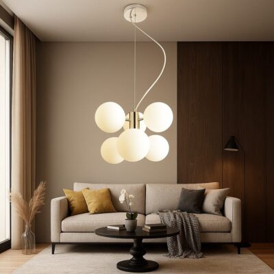 Pendul Modern cu 6 Globuri Opal, G9, 300×730 mm – Iluminare Decorativă Elegantă