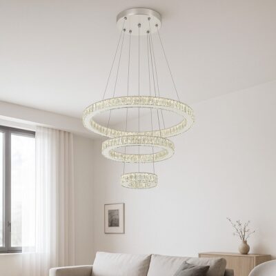 Pendul LED cu Cristal, 3 Inele, 120W, Ø60 cm, Lumină Reglabilă Alb Cald–Rece, Telecomandă 2.4G
