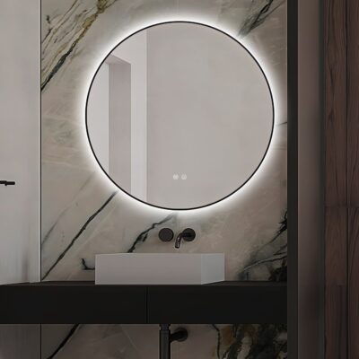 🪞 Oglindă LED cu Touch și Funcție Dezaburire, 3 Tipuri de Lumină – Ø70 cm, Ramă Negru Mat, Model J188-70 Smack