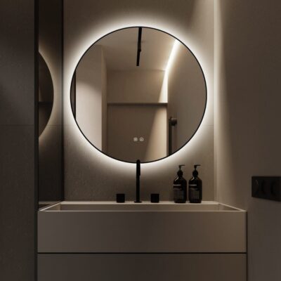 🪞 Oglindă LED cu Touch și Funcție Dezaburire, 3 Tipuri de Lumină – Ø80 cm, Ramă Negru Mat, Model J188-80 Smack