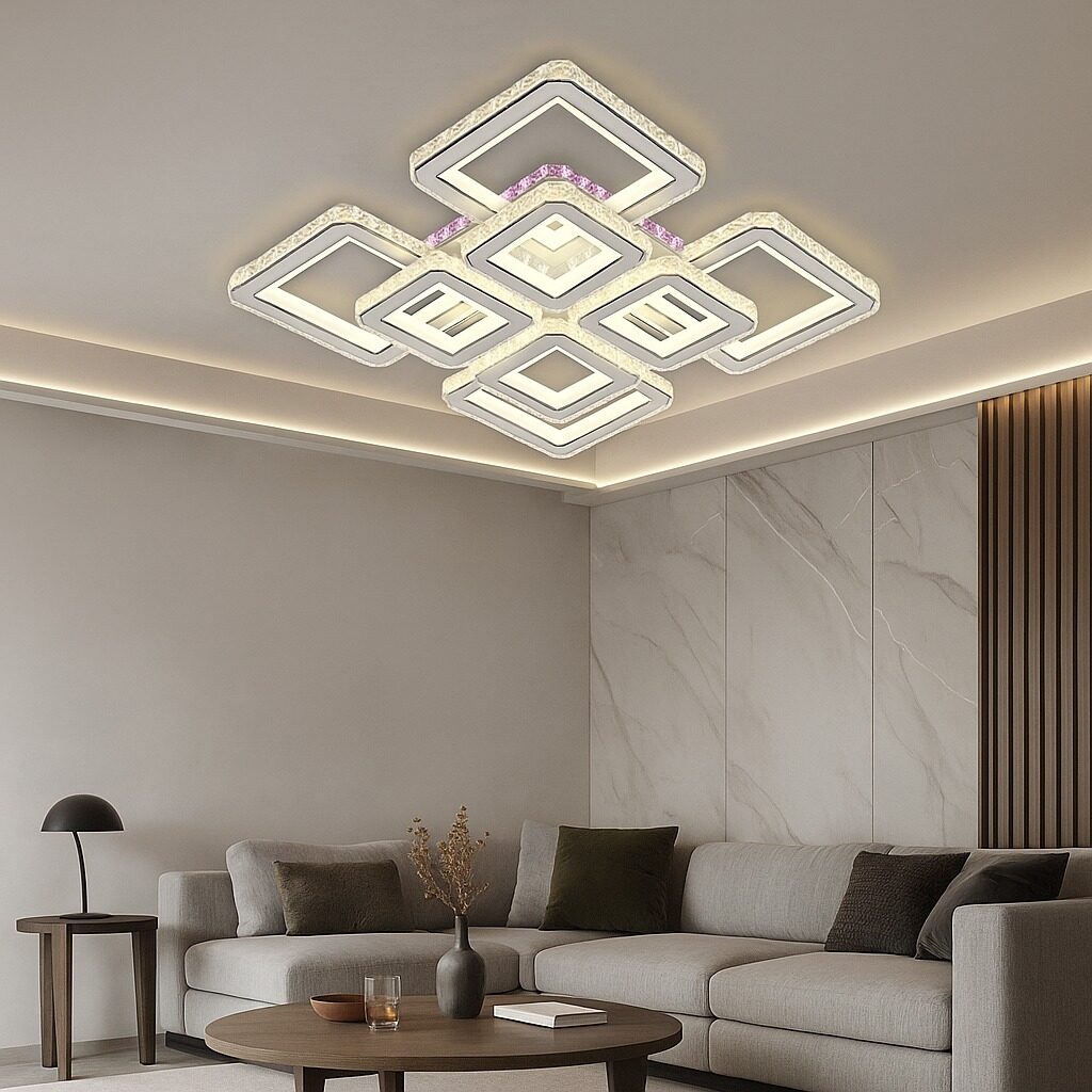 L7965-4_4CZWH_CR 💡 Lustra LED L7965/4+4CZ WH+CR – Patrate cu Cristale și Control Inteligent - imagine 1