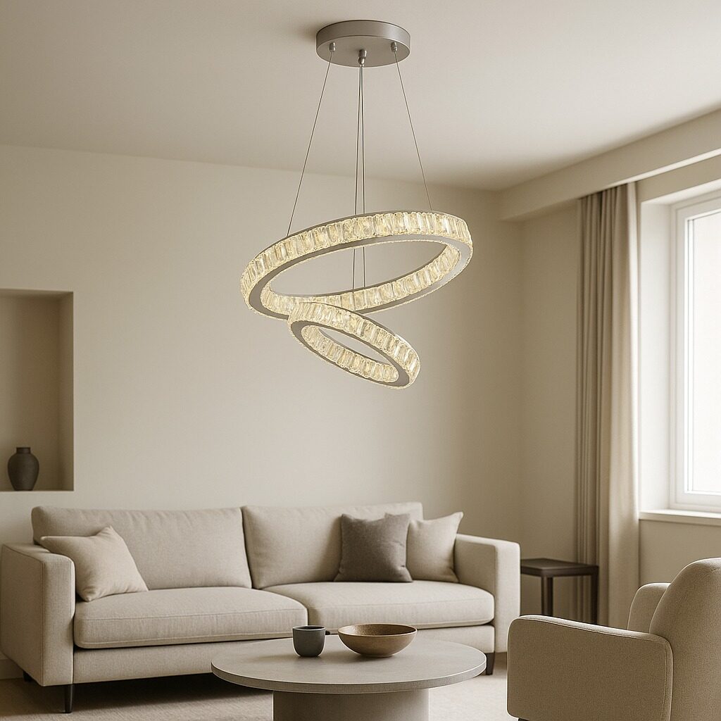 jpoikjpo Pendul LED cu Inele de Cristal, 100W, Ø500 + Ø300 mm, Înălțime Reglabilă 1200 mm, Lumină Reglabilă 3500K–6500K, Telecomandă 2.4G – Model 751-5+3 - imagine 1