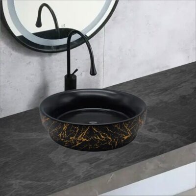 Lavoar Ceramic Premium Rotund Negru–Gold 40×40×11CM – Model 736