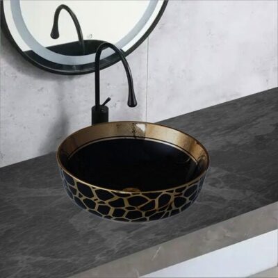 Lavoar Ceramic Premium Rotund Gold–Negru 41.5×41.5×13.5CM – Model G516