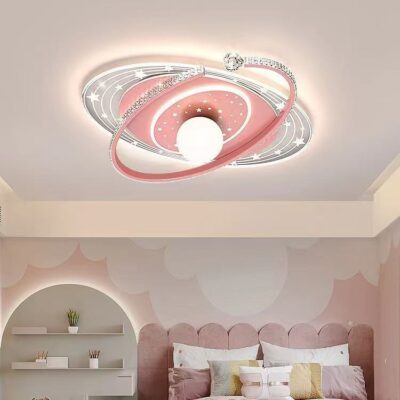 Lustră LED pentru Camera Copiilor, Design Planetă Roz cu Inele 3D, Ø550 mm, 3 Culori de Lumină
