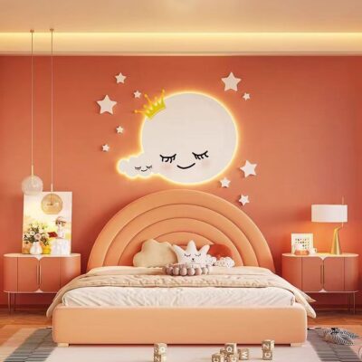 Aplica LED Decorativă pentru Camera Copiilor, Design Lună Adormită cu Coroniță și Steluțe