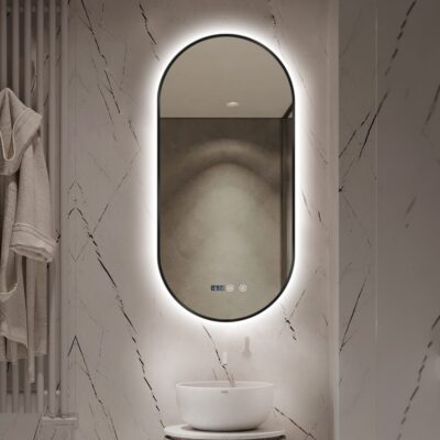 Oglindă LED Touch Premium, Dezaburire, Rama Negra, 3 Tipuri Lumină 50/100 cm