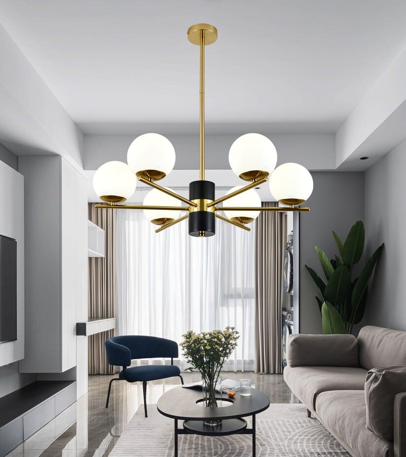 F0028-6 Lustră Model F0028-6 cu Abajururi – 6x E27, Auriu / Negru - imagine 1