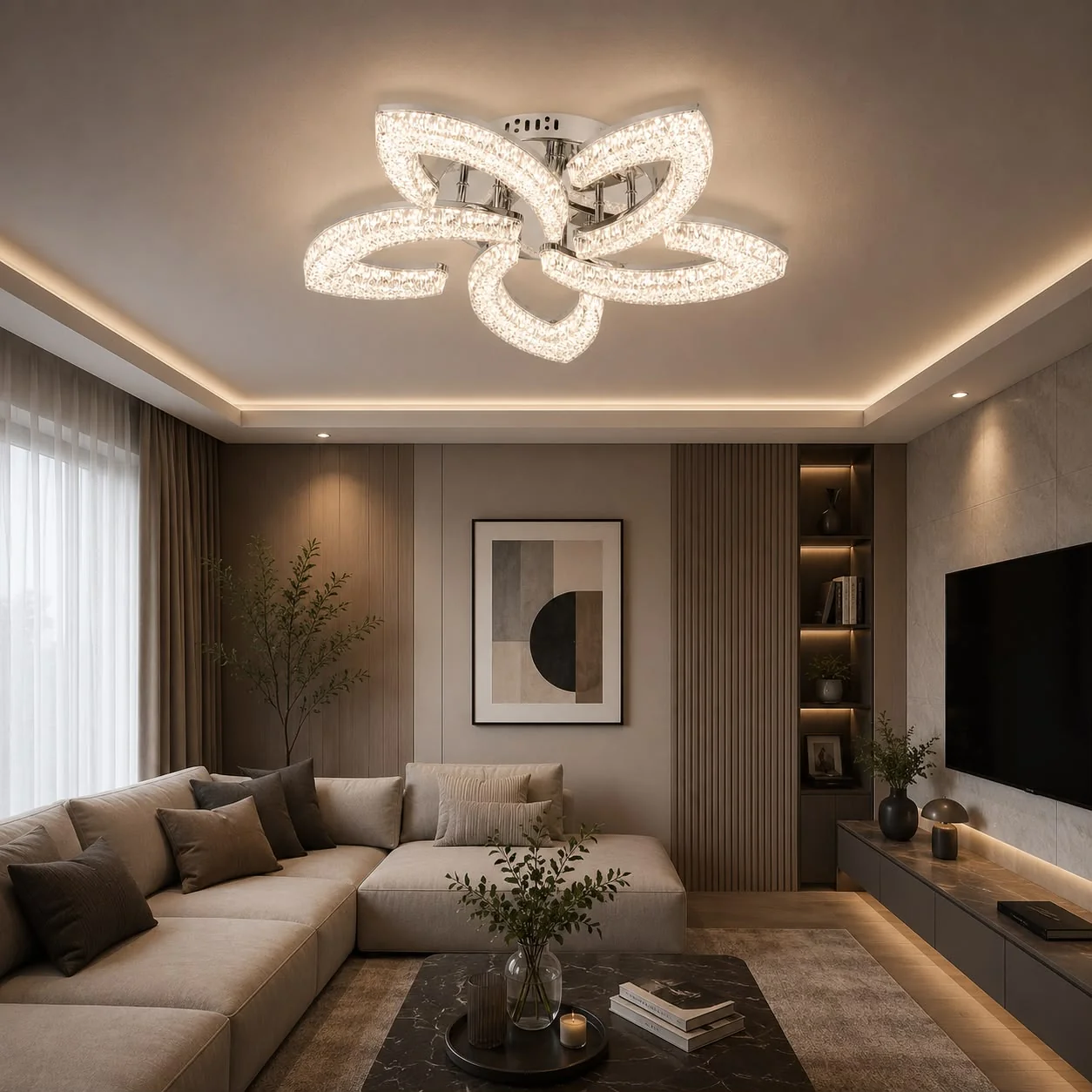 K2558-5CHcamera Lustră LED Model K2558-5 – 120W, Telecomandă, 3 Tipuri de Lumină, Intensitate Reglabilă - imagine 1