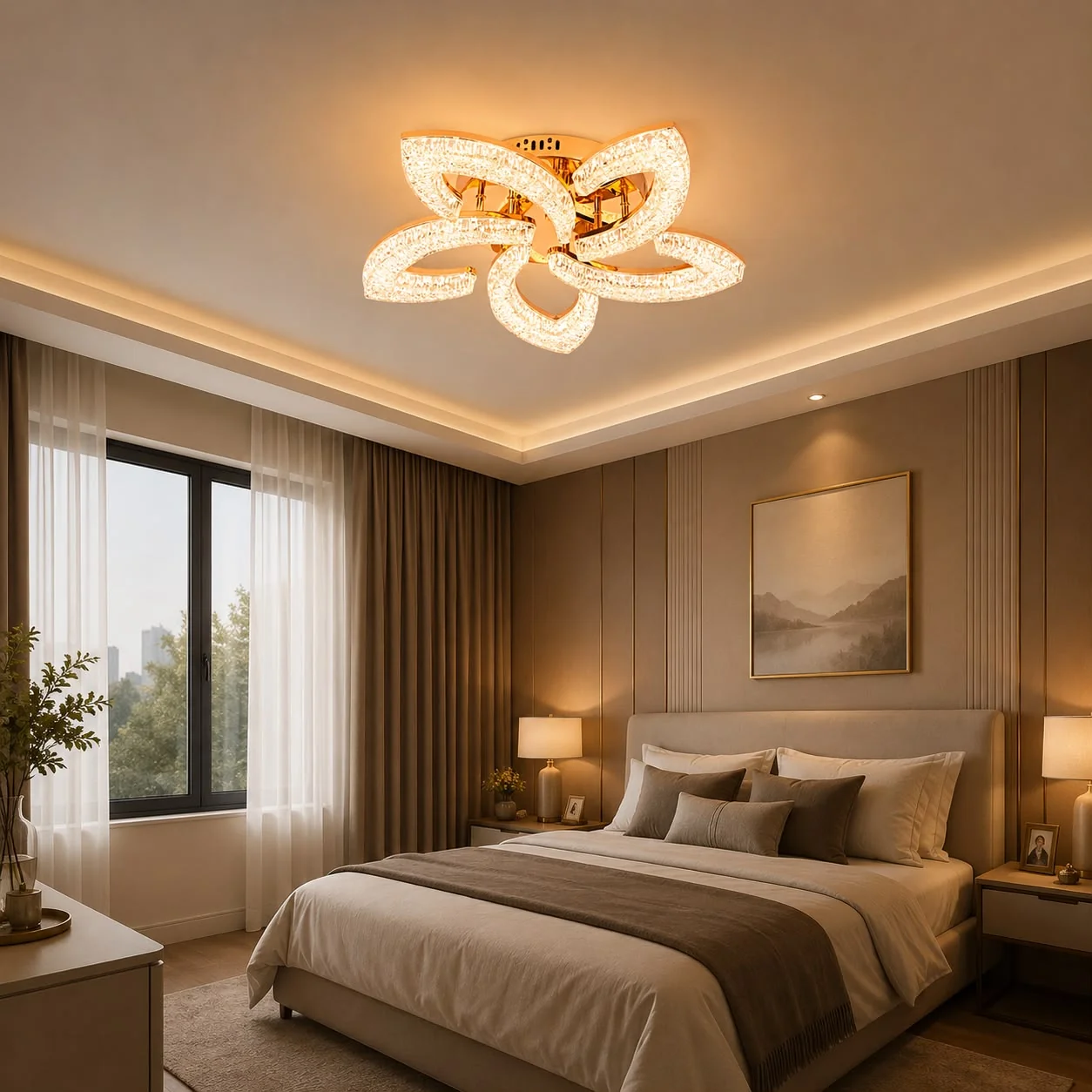 K2558-5GDcamera Lustră LED Model K2558-5 – 120W, Telecomandă, 3 Tipuri de Lumină, Intensitate Reglabilă - imagine 1