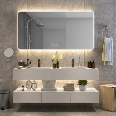 Oglindă Baie LED și Dezaburire Elit's Premium: Senzor Touch, Lumina Rece, Caldă și Neutră, 130x80cm, Lumina Ambientală Spate