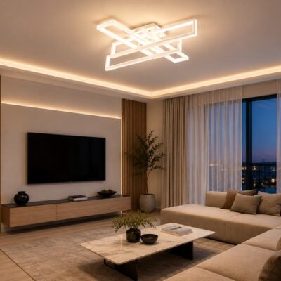 Lustră LED cu Telecomandă, 192W, Lumină Reglabilă 3000-6500K, Design Geometric, Alb, Model L77283/2+2